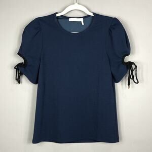 See By Chloe Puff Sleeve Lace Tie Blouse SZ S Navy Blue Pullover Stretch Formal